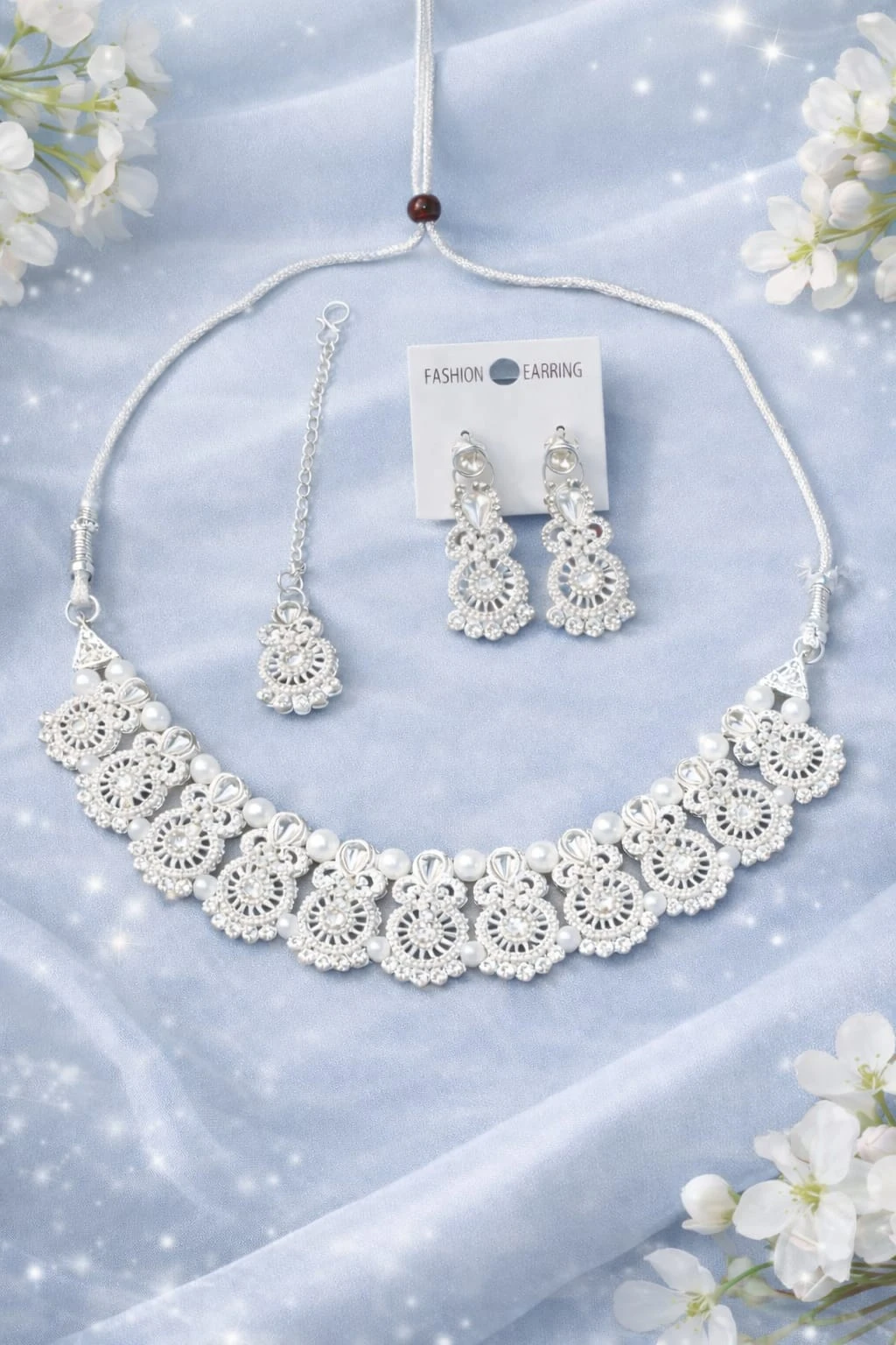 Elegant Silver-Plated Bridal Choker Set Set Includes: 1 Choker Necklace, 1 Pair of Matching Earrings, 1 Maang Tikka.