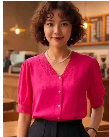 Women’s Pink Casual Top | Soft Lightweight Fabric, Korean-Style Short Sleeve Blouse, Comfortable Everyday Fit, Stylish Desk-to-Dinner Shirt for Work, Travel & Leisure