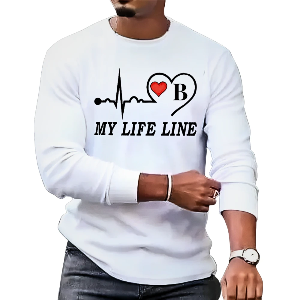 Men’s Casual White Full Sleeve T-Shirt | Heartbeat Love Print Round Neck Tee