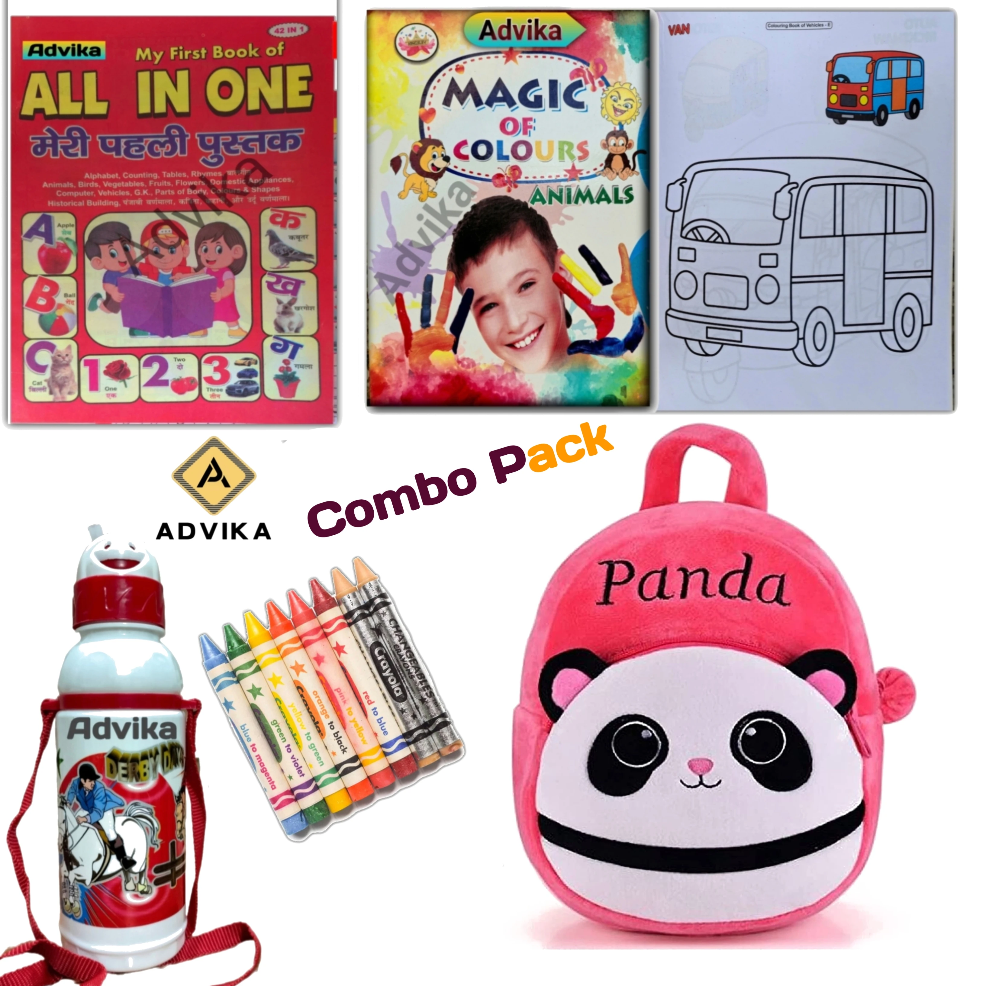 Pink panda 6 combo kids combo set with bag, books, crayons & water bottle | school kit for kids upgrade your child’s school essentials with this complete kids combo set. perfect for daily use, learning, and fun activities.