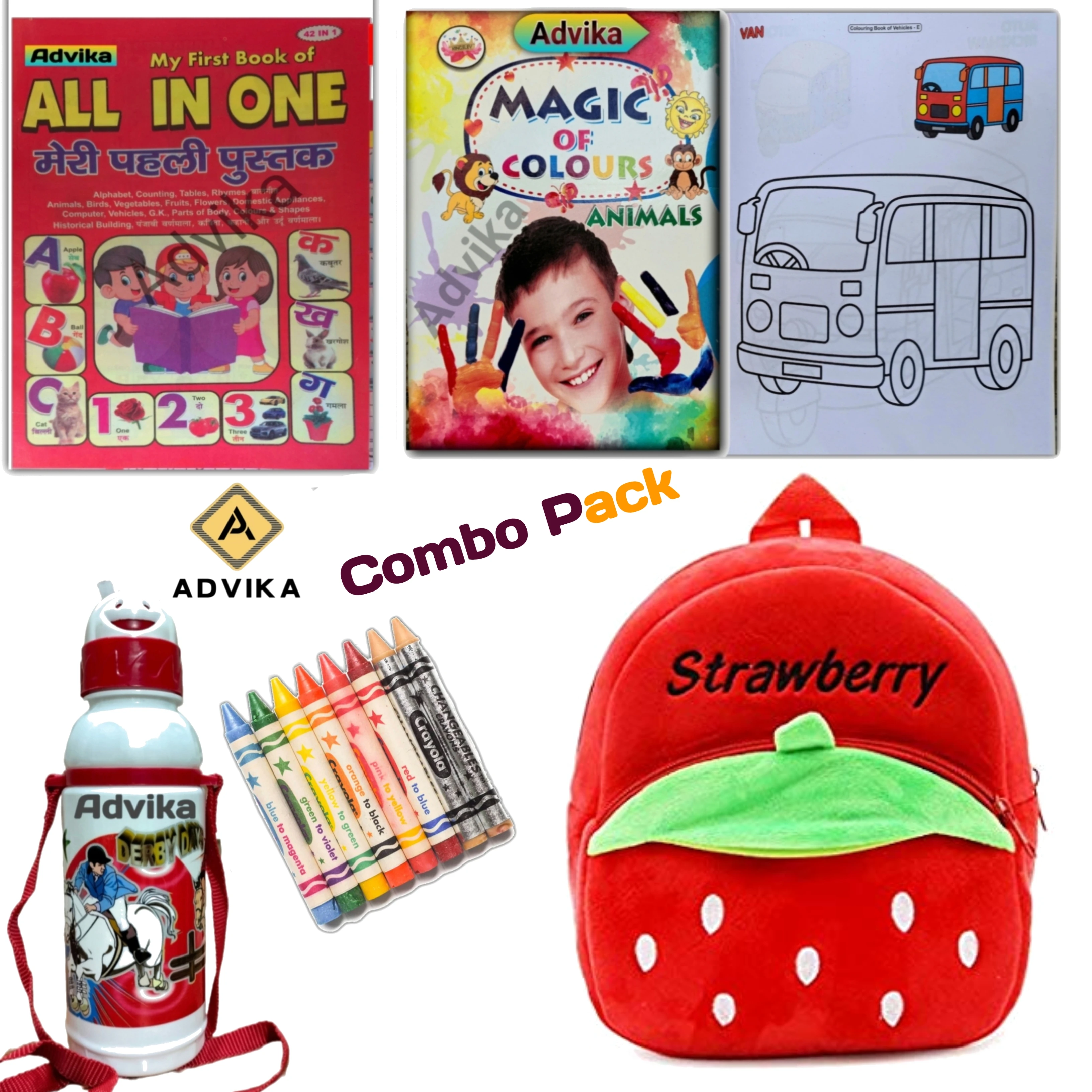 Strawberry 6 combo kids combo set with bag, books, crayons & water bottle | school kit for kids upgrade your child’s school essentials with this complete kids combo set. perfect for daily use, learning, and fun activities.