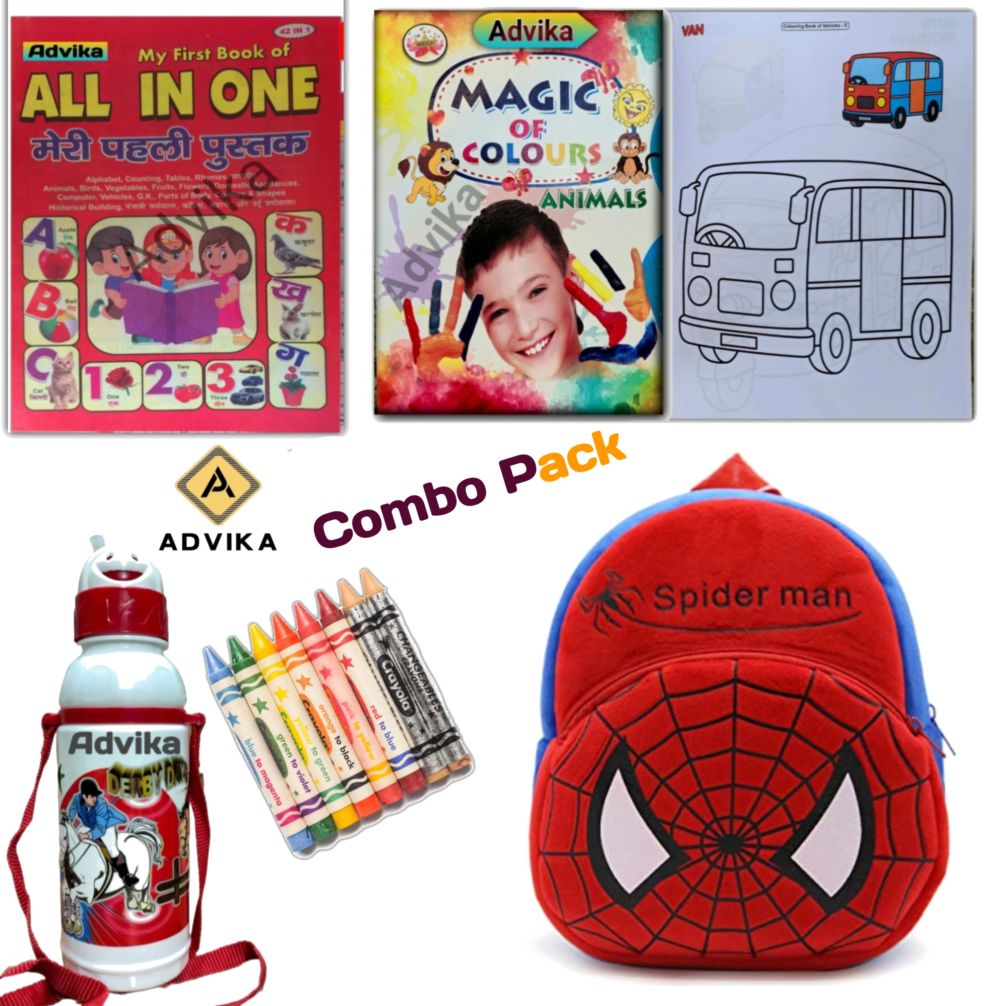 red spiderman 6 combo kids combo set with bag, books, crayons & water bottle | school kit for kids upgrade your child’s school essentials with this complete kids combo set. perfect for daily use, learning, and fun activities.