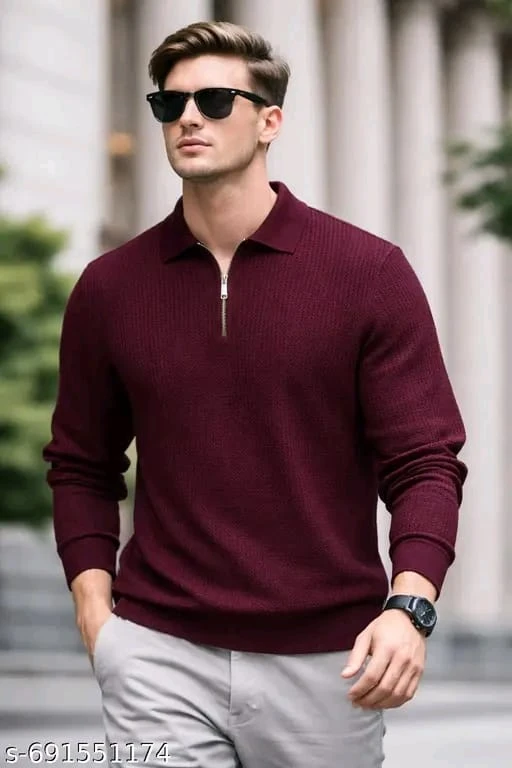 Moda Rapido Men Self Design Polo Neck Cotton Blend Purple T-Shirt