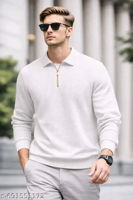 Men’s Premium Black Vertical Ribbed Quarter-Zip Polo T-Shirt
