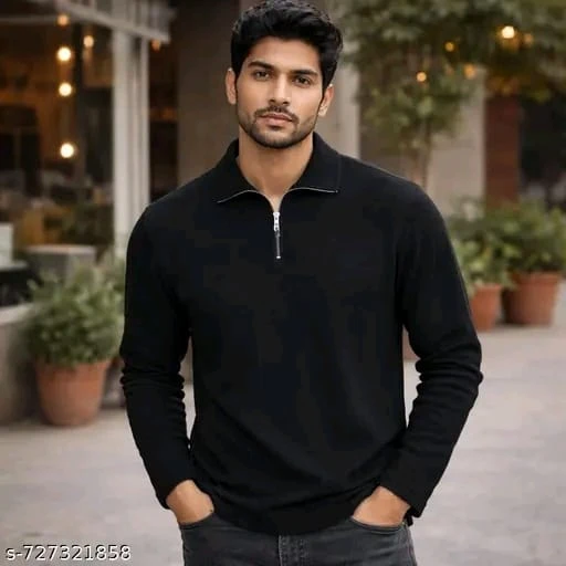 Men’s Premium Black Vertical Ribbed Quarter-Zip Polo T-Shirt