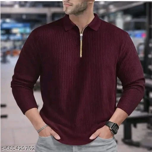 Men’s Premium Black Vertical Ribbed Quarter-Zip Polo T-Shirt