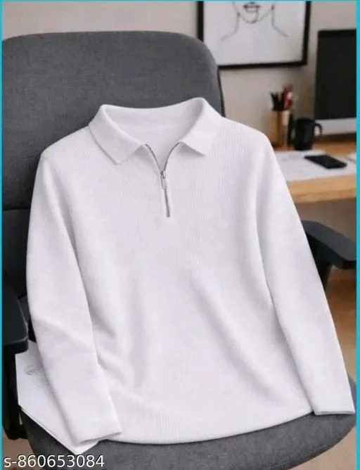 Stylish Full Sleeve Ribbed Knit Polo with Gold Zipper Detail