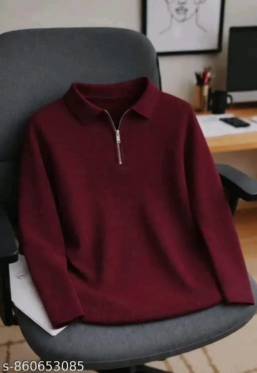 Stylish Full Sleeve Ribbed Knit Polo with Gold Zipper Detail