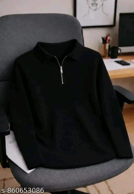 Stylish Full Sleeve Ribbed Knit Polo with Gold Zipper Detail
