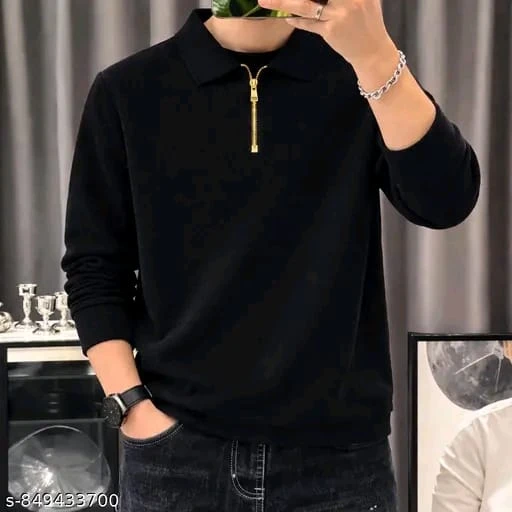 Stylish Full Sleeve Ribbed Knit Polo with Gold Zipper Detail
