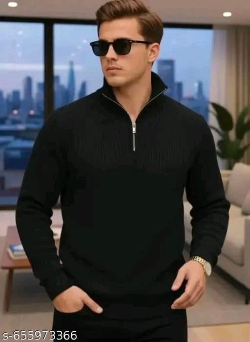 Luxury Slim Fit Black Textured Knit Shirt for Men