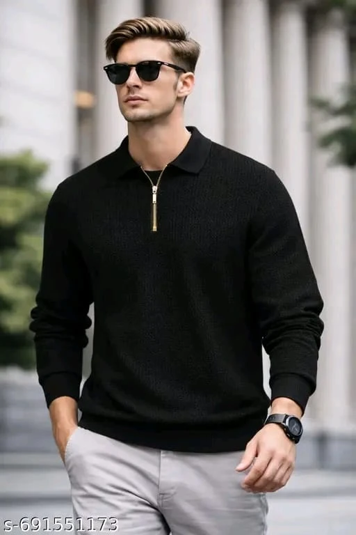 Luxury Slim Fit Black Textured Knit Shirt for Men