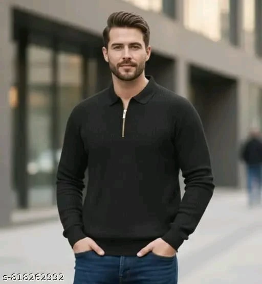 Luxury Slim Fit Black Textured Knit Shirt for Men