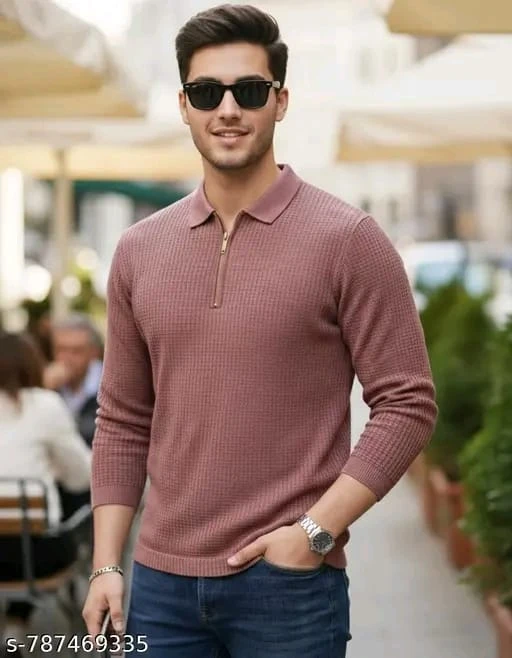 Men's Fashion, Ribbed Polo, Quarter-Zip T-shirt, Black Knitwear, Slim Fit Polo, Textured Shirt, Full Sleeve Polo, Zipper Neckline, Casual Wear, Party Wear Shirt for Men, Trendy Men's Apparel.