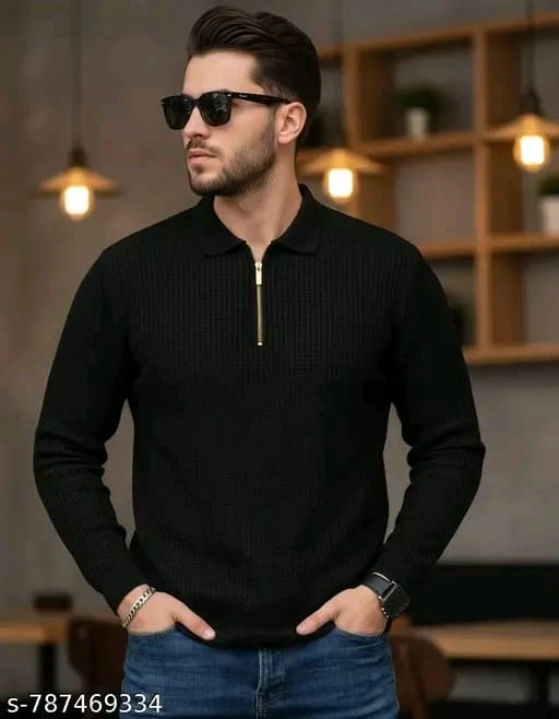 Men's Fashion, Ribbed Polo, Quarter-Zip T-shirt, Black Knitwear, Slim Fit Polo, Textured Shirt, Full Sleeve Polo, Zipper Neckline, Casual Wear, Party Wear Shirt for Men, Trendy Men's Apparel.