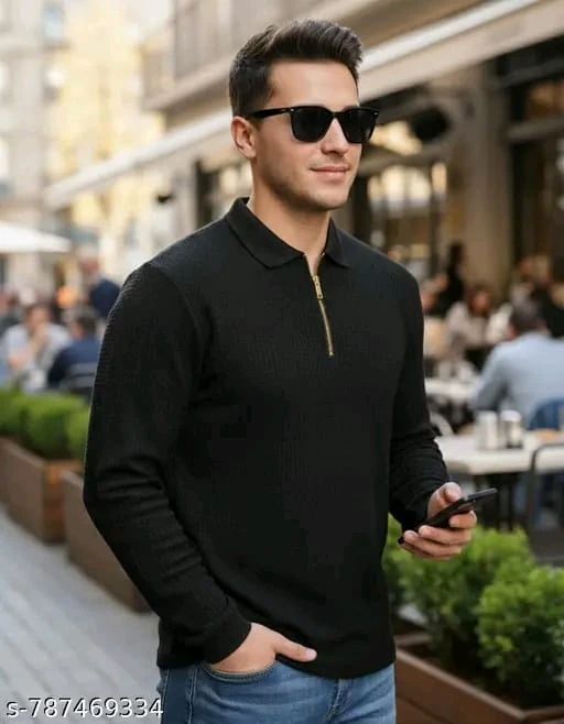 Men's Fashion, Ribbed Polo, Quarter-Zip T-shirt, Black Knitwear, Slim Fit Polo, Textured Shirt, Full Sleeve Polo, Zipper Neckline, Casual Wear, Party Wear Shirt for Men, Trendy Men's Apparel.