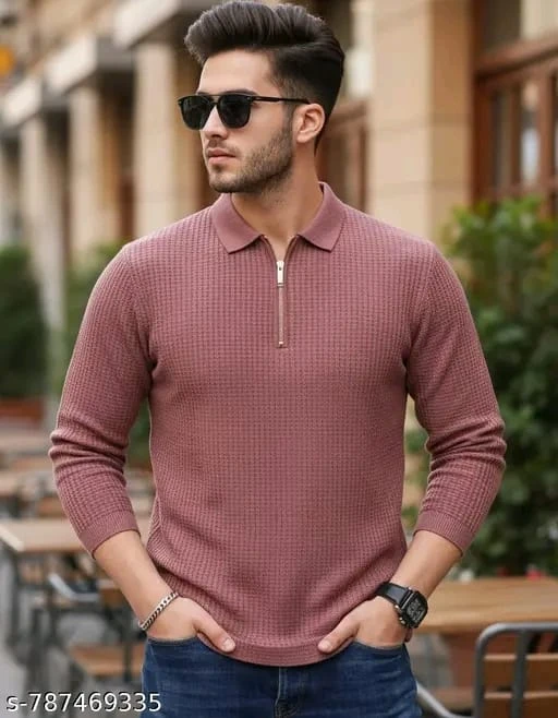 Men's Fashion, Ribbed Polo, Quarter-Zip T-shirt, Black Knitwear, Slim Fit Polo, Textured Shirt, Full Sleeve Polo, Zipper Neckline, Casual Wear, Party Wear Shirt for Men, Trendy Men's Apparel.