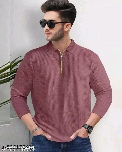 Men's Fashion, Ribbed Polo, Quarter-Zip T-shirt, Black Knitwear, Slim Fit Polo, Textured Shirt, Full Sleeve Polo, Zipper Neckline, Casual Wear, Party Wear Shirt for Men, Trendy Men's Apparel.