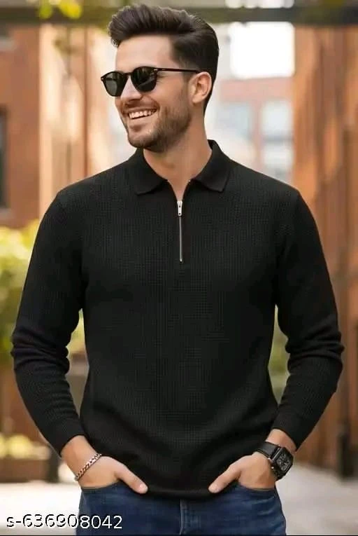 Men's Solid Ribbed High Neck Black T-Shirt