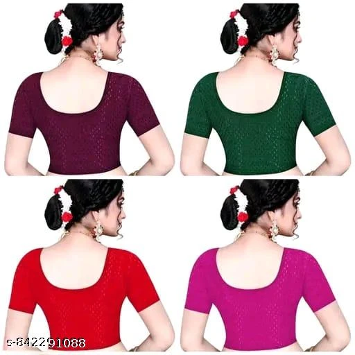 Pack of 4 Readymade Stretchable Saree Blouse for Women | Non Padded Lycra Blouse L XL XXL | Designer Party Wear Wedding Blouse | Daily Wear Saree Blouse | U Neck Short Sleeves Blouse for Silk Cotton Georgette Sarees