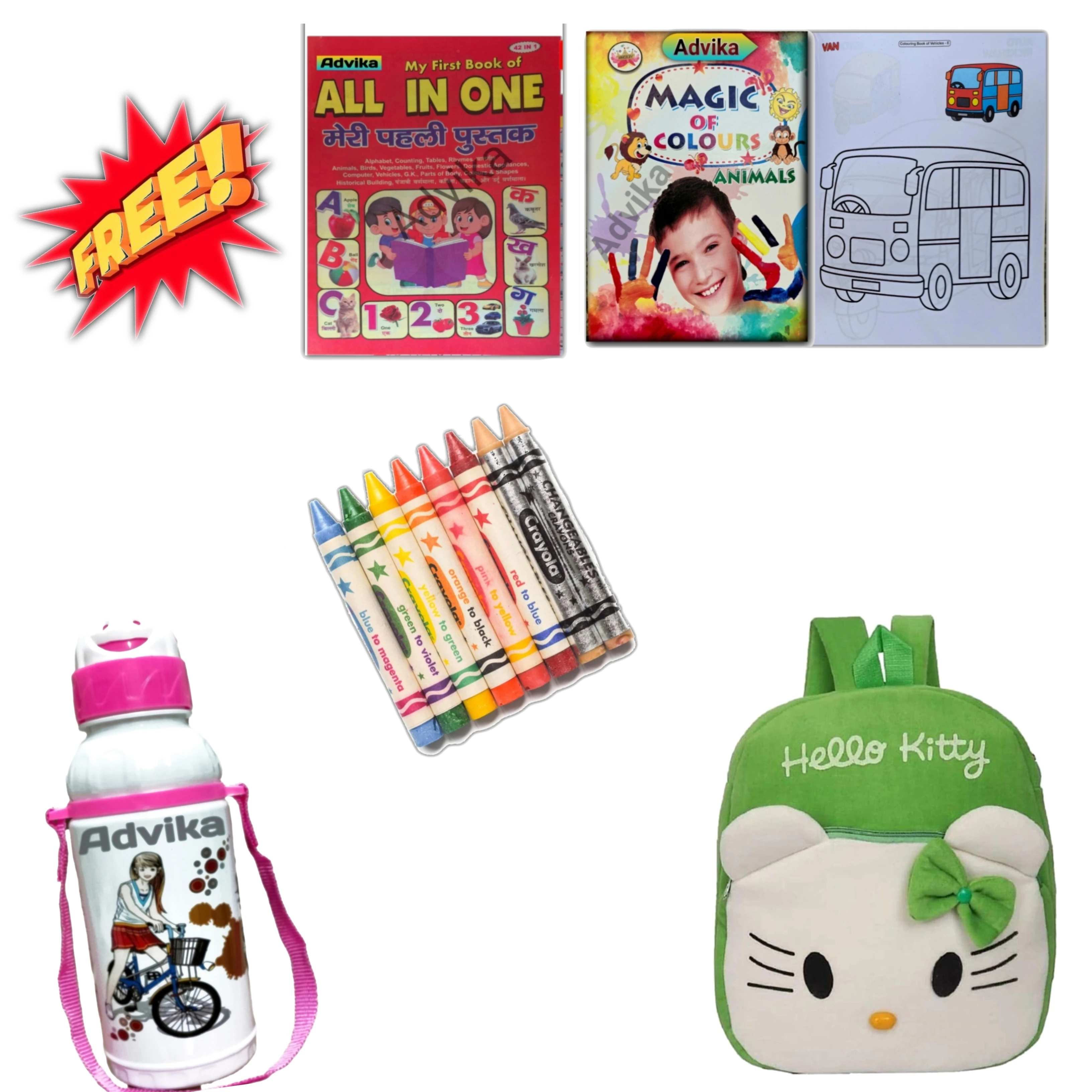 green hello kityy 6 combo Kids Combo Set with Bag, Books, Crayons & Water Bottle | School Kit for Kids Upgrade your child’s school essentials with this complete kids combo set. Perfect for daily use, learning, and fun activities.