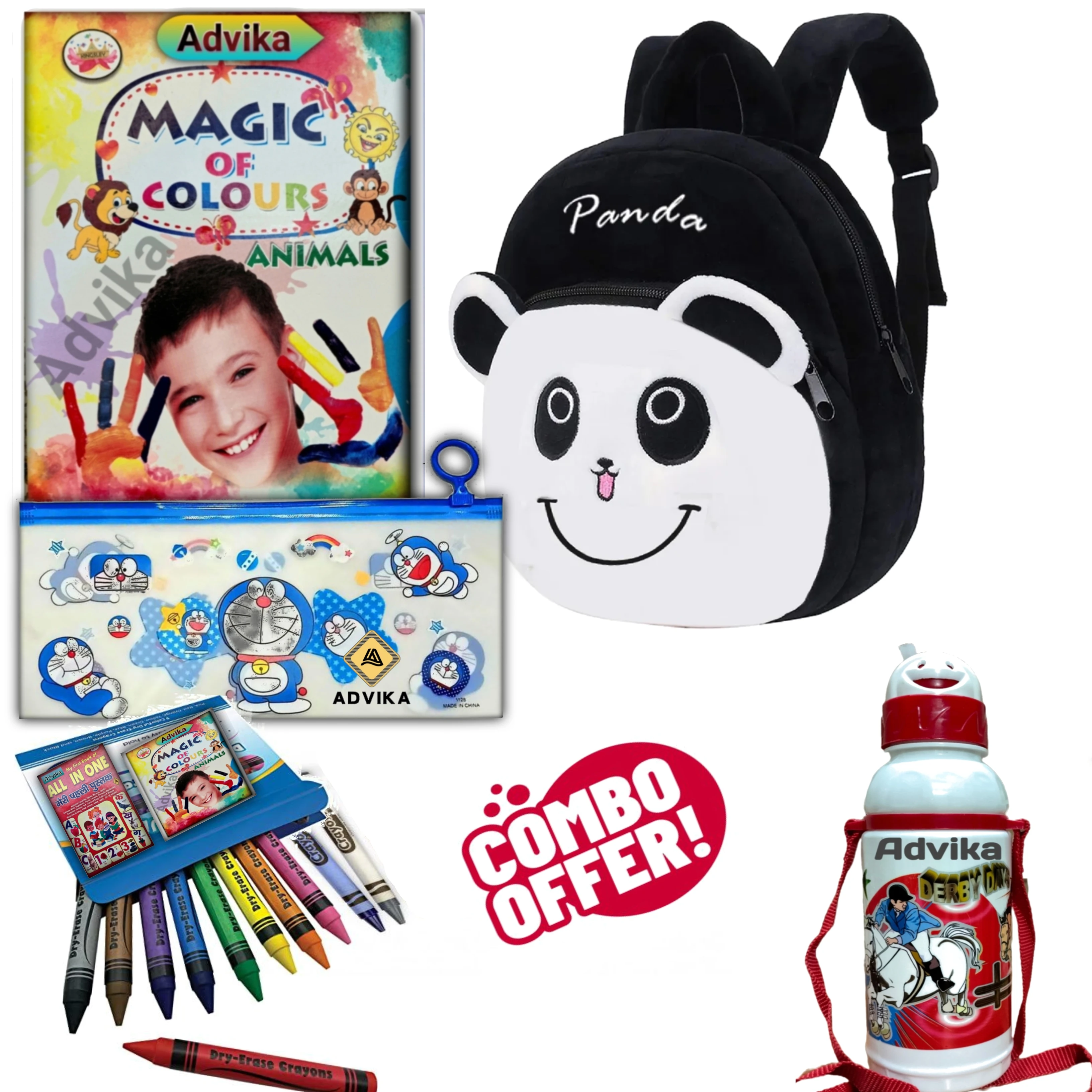 5 combo pauch_black panda Kids Combo Set Colours Animals Book, Crayons Kit & Water Bottle