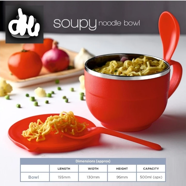 Unbreakble Material Noodle & Soup Bowl Inside Mirror Finish Stainless Steel with Handle & Spoon, for Pasta, Soup, Rice, Maggie Food Container for Use in Home, School, Office, Travel