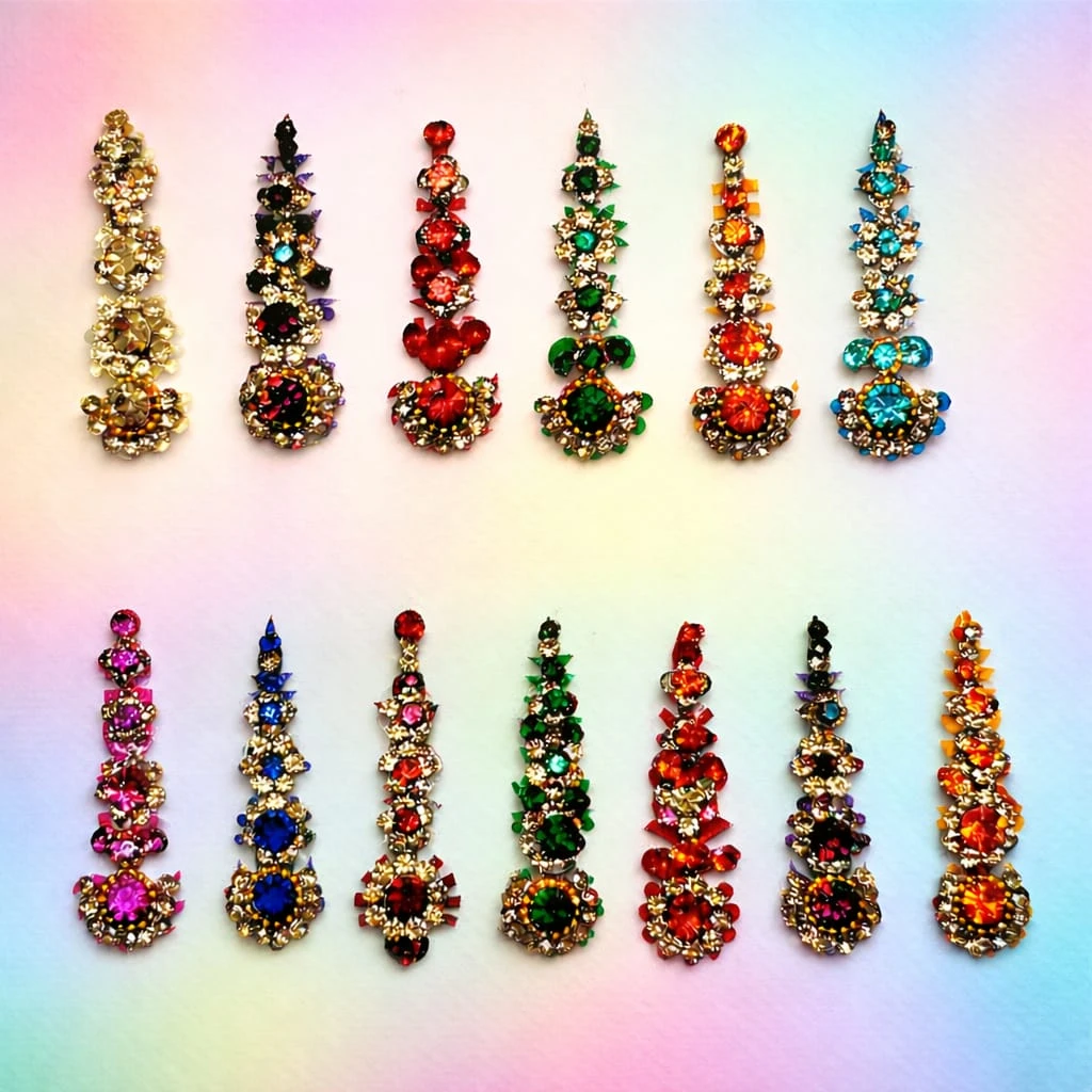 Designer Multicolor Stone Bindi Set for Women | Artificial Diamond Long Bridal Bindis | Fancy Party Wear Forehead Stickers