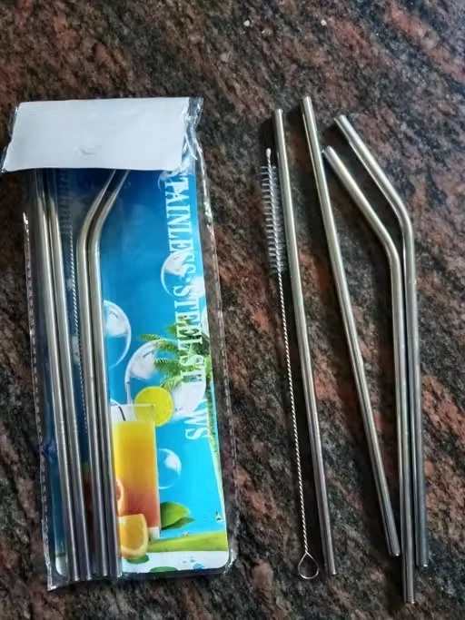 Warmfinity Stainless Steel Straws with Cleaning Brush for Kids & Adults, Bent Reusable Metal Straws, Cutlery (Pack of 4 Straight & 4 Bent, 2 Brush) Long Steel Straws for Drinking & Drinks, Silver