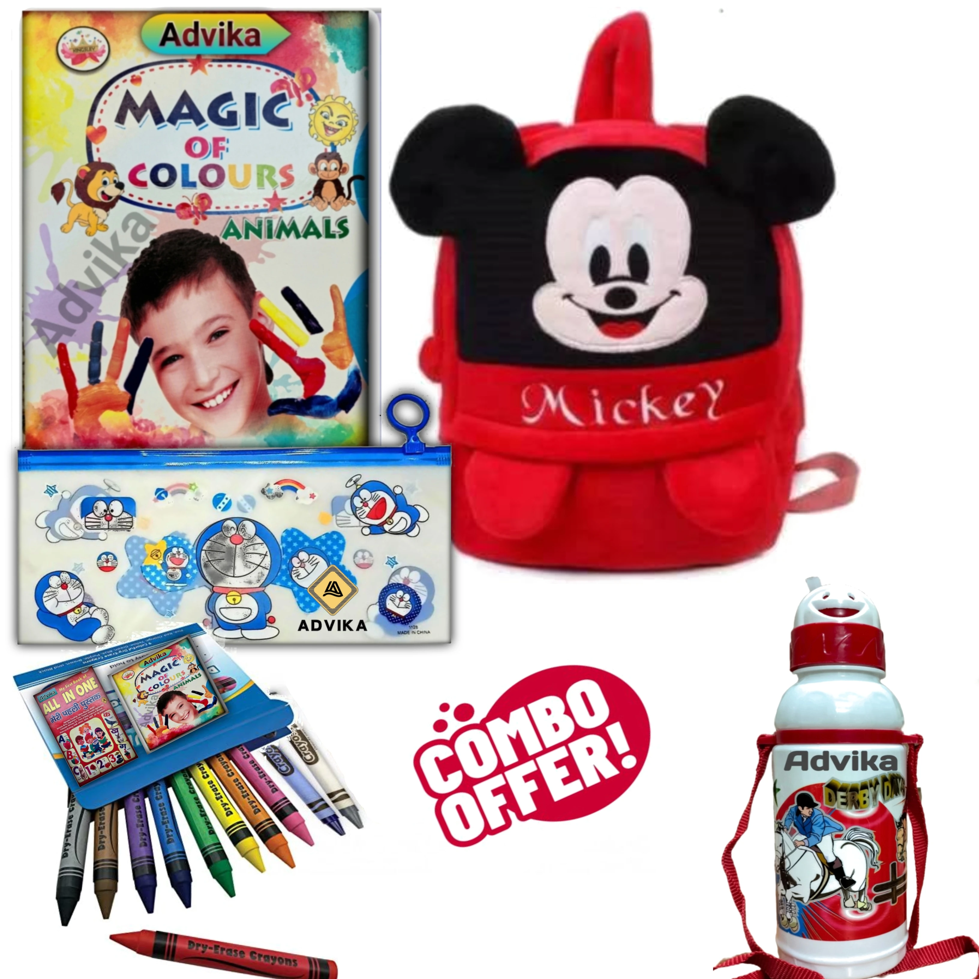 5 combo pauch_mickey headup kids combo set colours animals book, crayons kit & water bottle