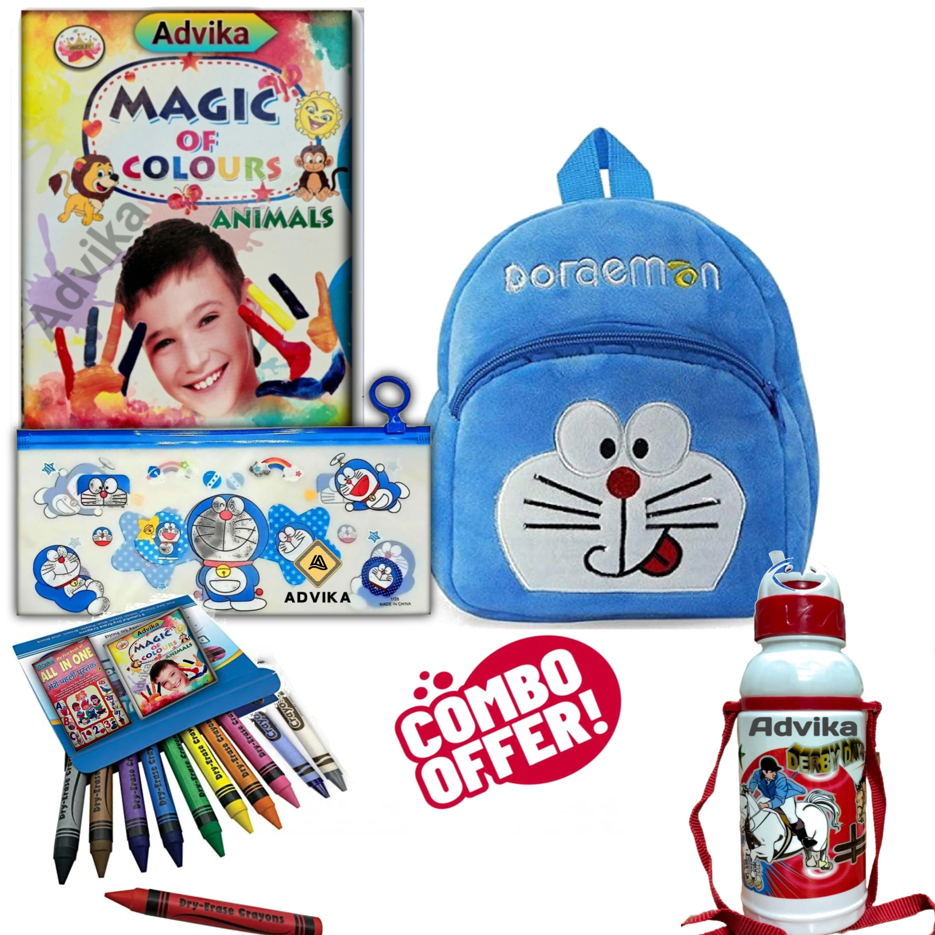 5 combo pauch_doremon kids combo set colours animals book, crayons kit & water bottle