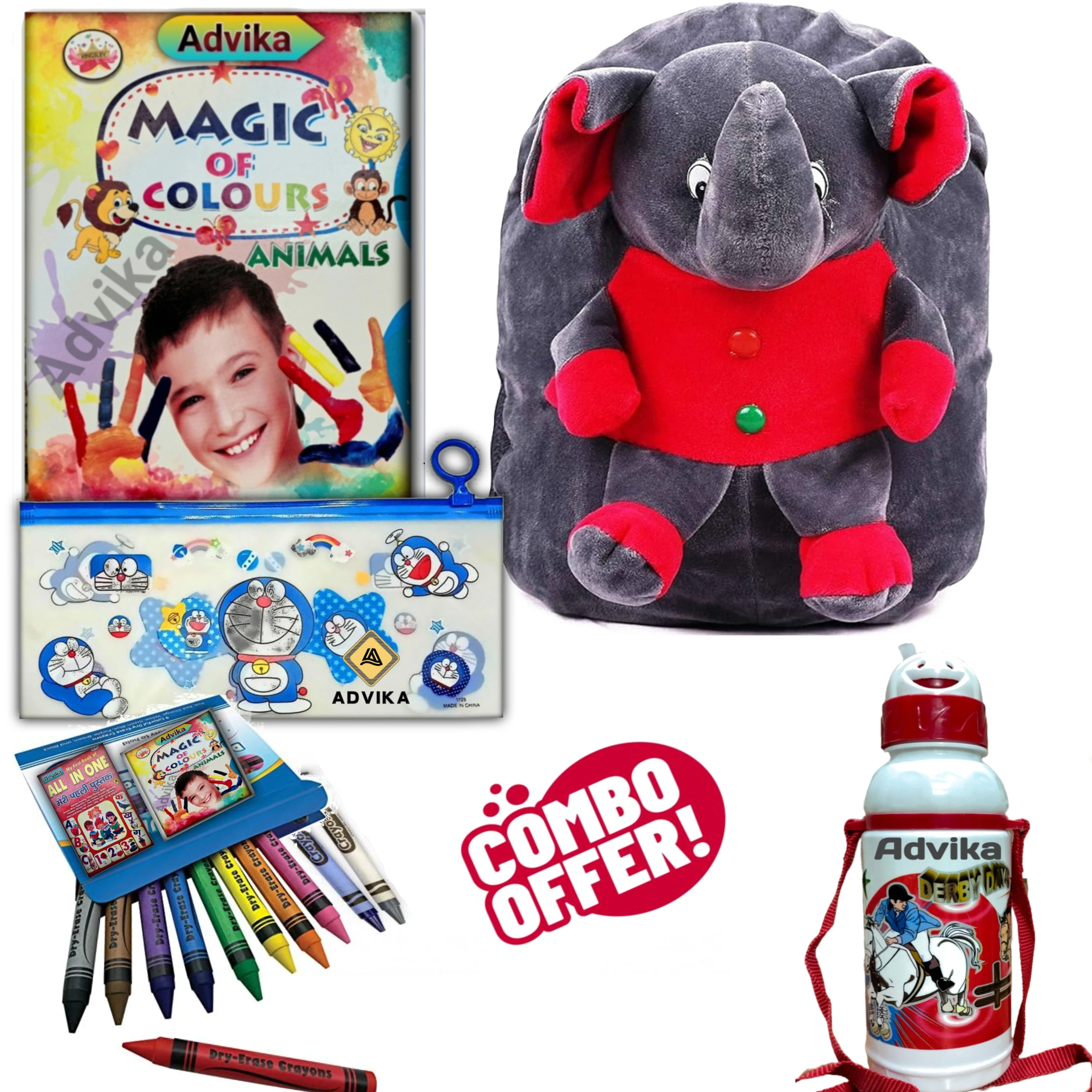 5 combo pauch_elephant kids combo set colours animals book, crayons kit & water bottle