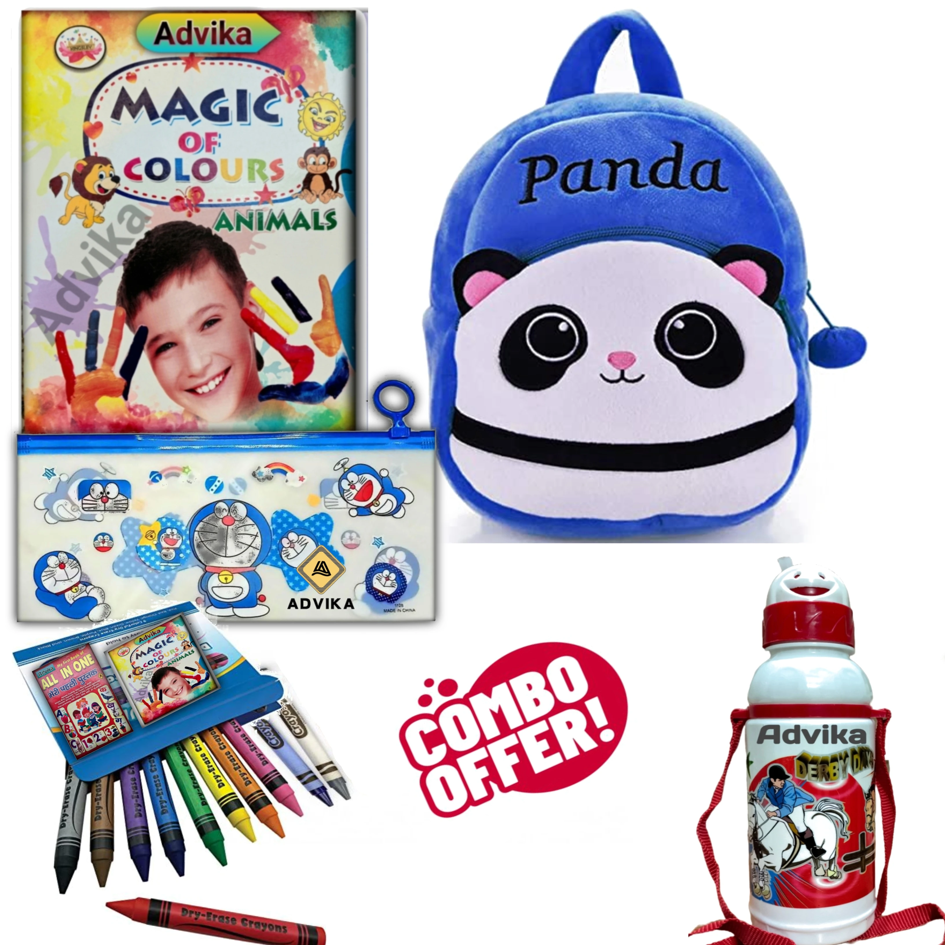 5 combo pauch_blue panda kids combo set colours animals book, crayons kit & water bottle