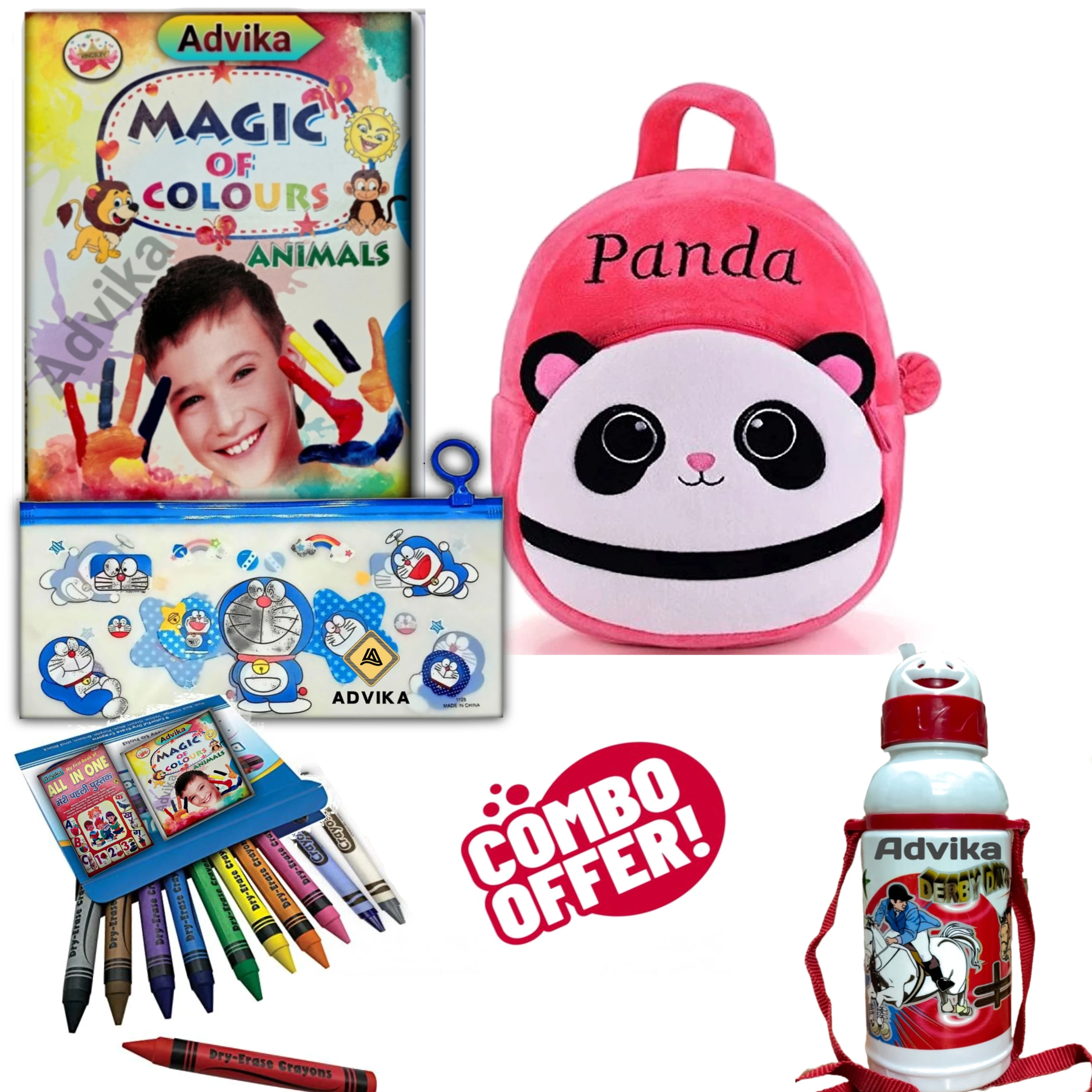 5 combo pauch_pink panda kids combo set colours animals book, crayons kit & water bottle