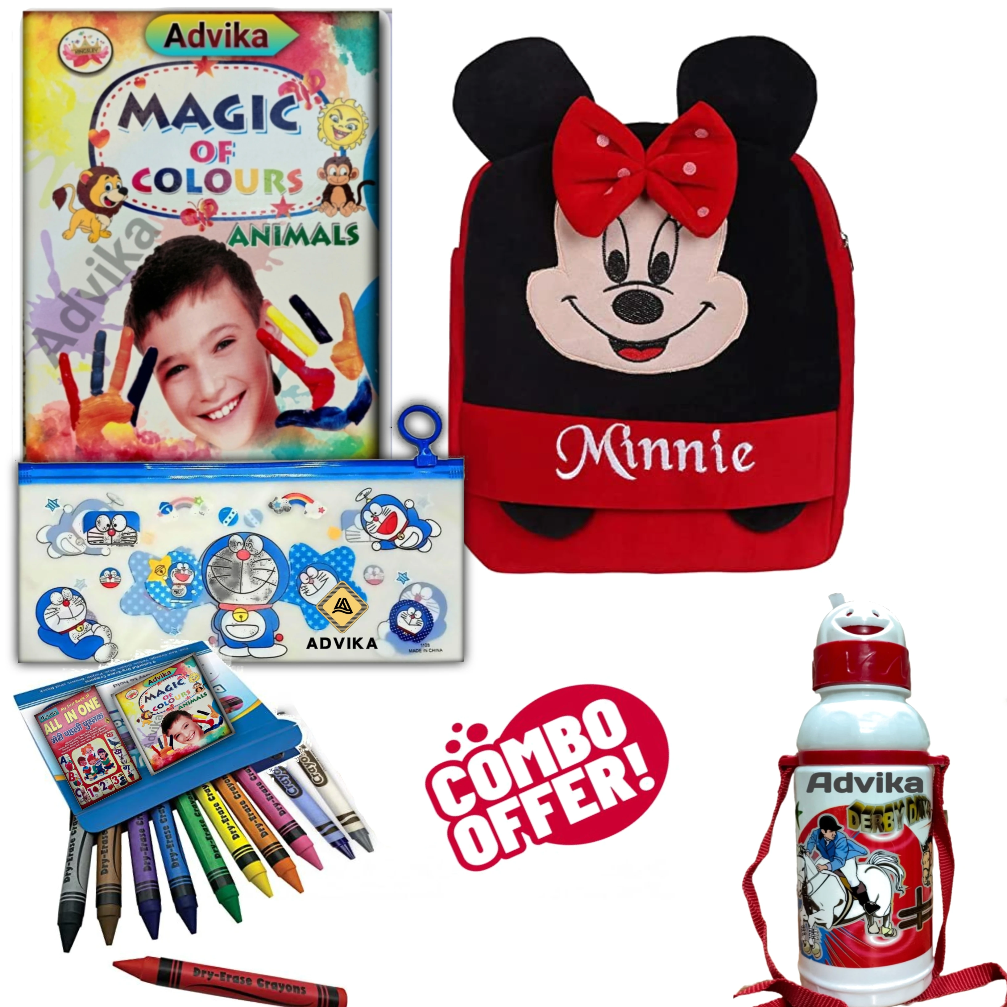 5 combo pauch_minni headup kids combo set colours animals book, crayons kit & water bottle