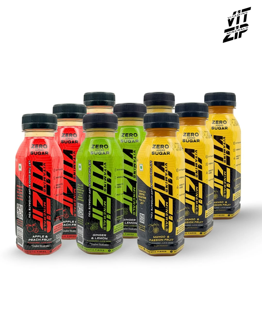VitZip Mixed Fruit Flavoured Juice Drink Combo | Zero Added Sugar | Apple Peach, Ginger Lemon & Mango Passion Fruit | Pack of 9