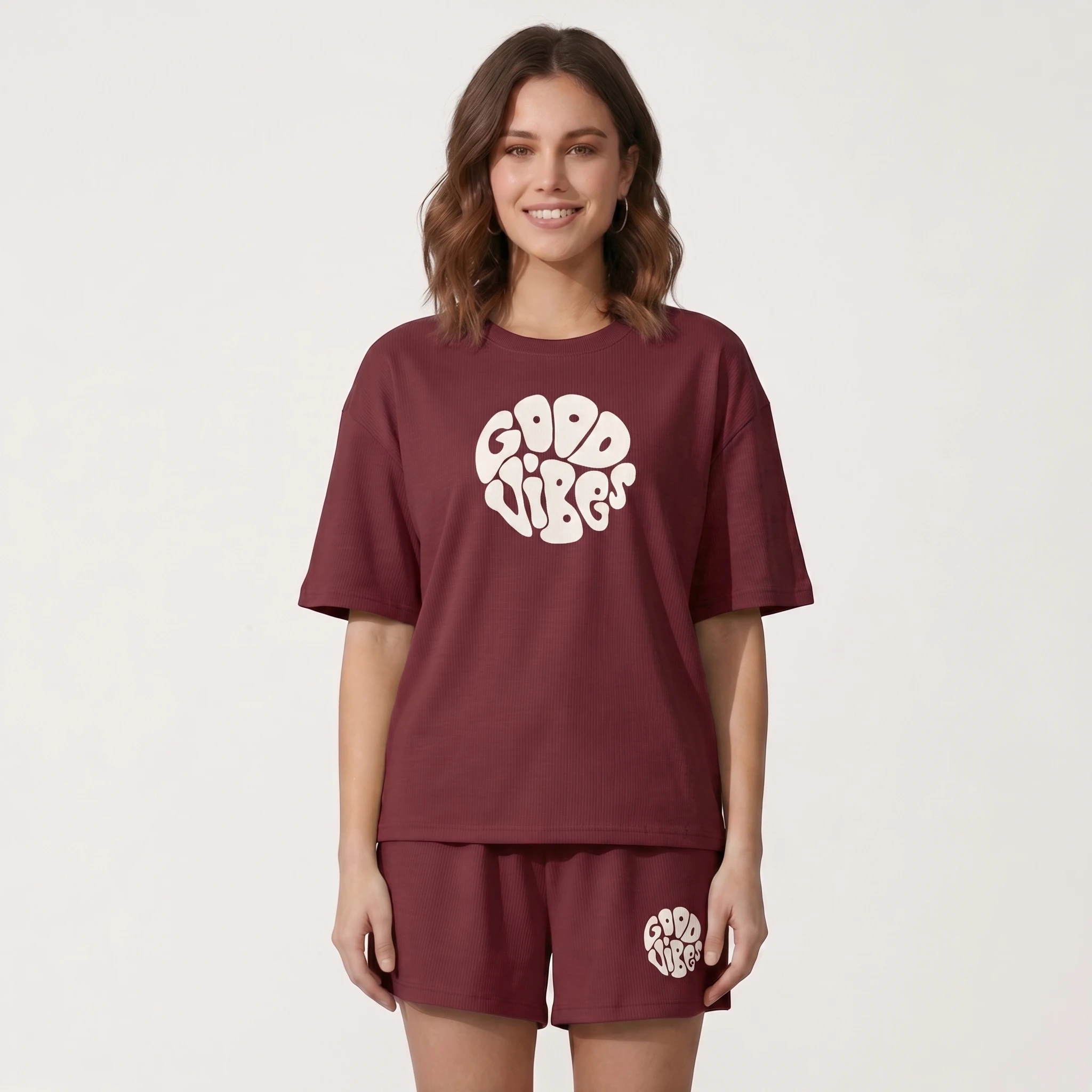Women’s Oversized T-Shirt & Shorts Co-Ord Set | “Good Vibes” Printed Casual Loungewear Set
