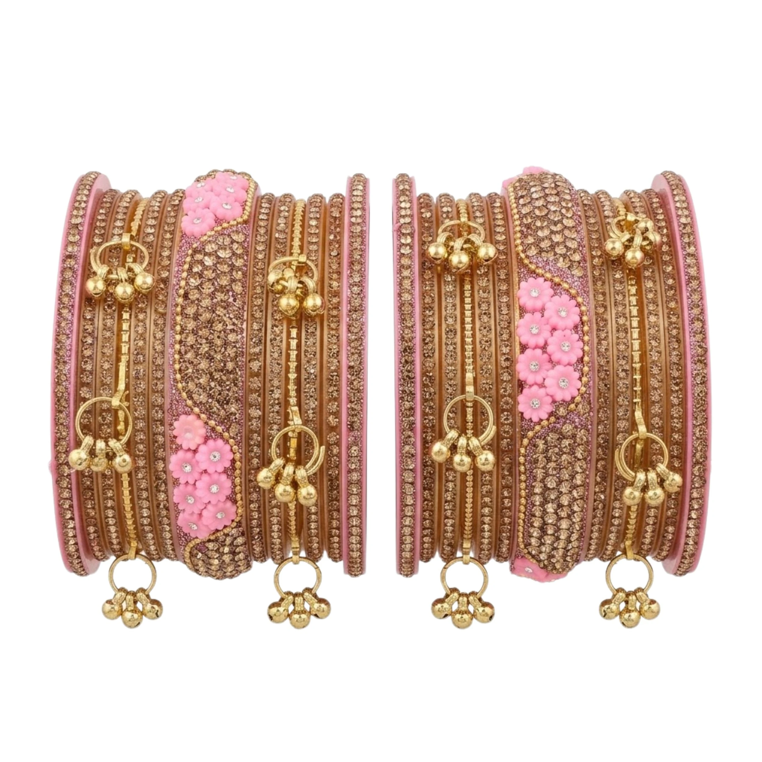 Premium Pink & Gold Bridal Chuda Set with Stone Work & Floral Design