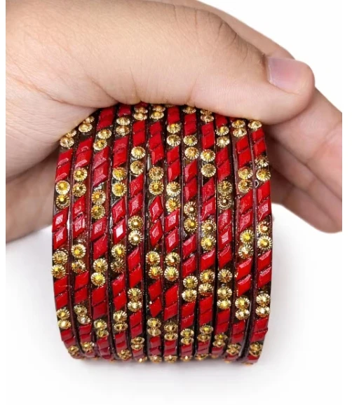 Women Stylish Red & Gold Stone Work Bangles Set | Bridal & Party Wear Chudi Set
