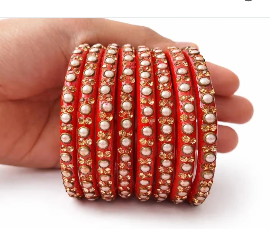 Red Kundan Stone Studded Bangles with Pearl Work for Women & Girls