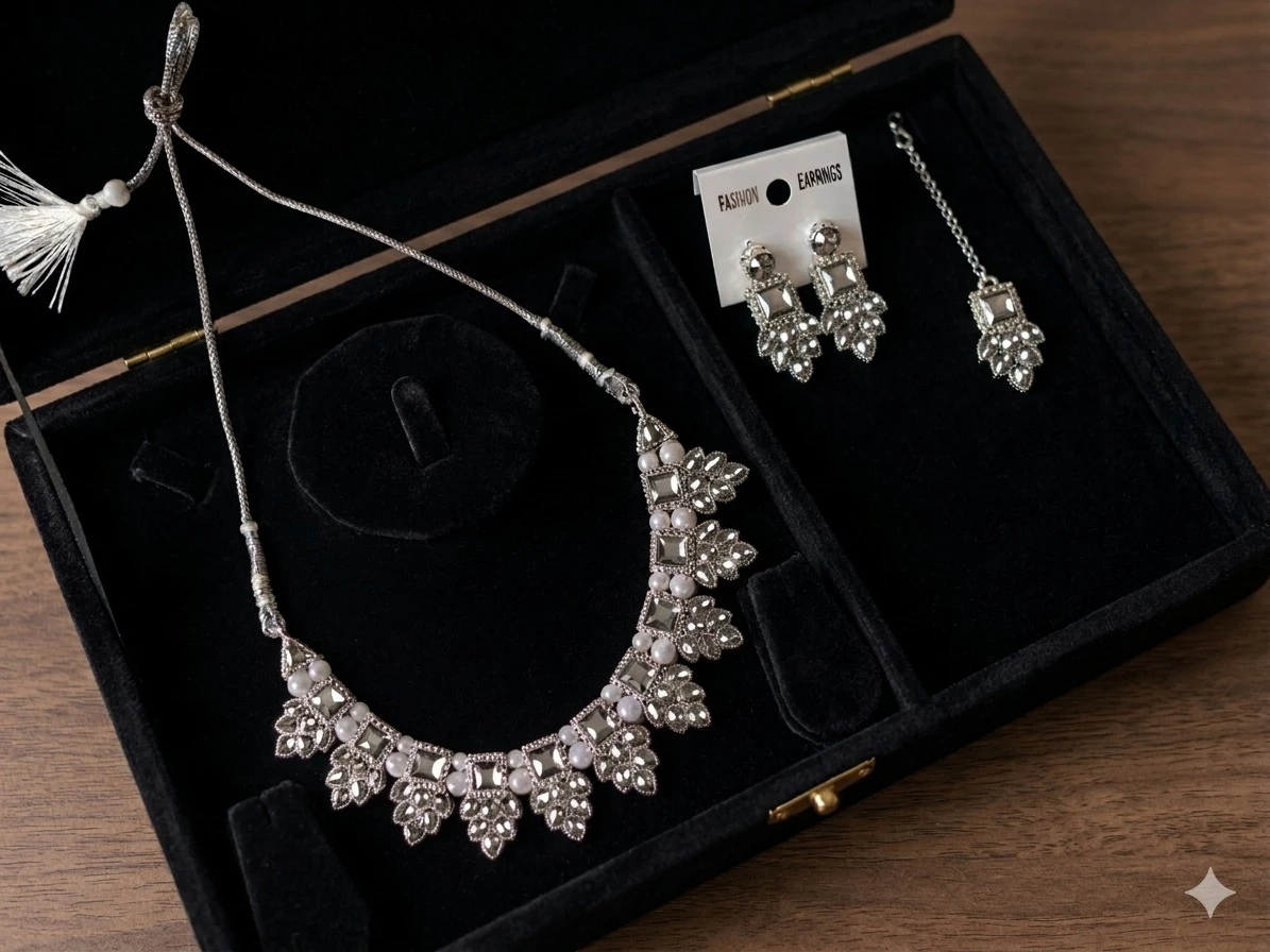 Set of 3 Trendy Royal Kundan Pearl Necklace Set with Earrings & Maang Tikka (Silver Finish) for women & Girls II Sizzling Glittering Women Necklaces & Chains ll Trending ll Fashionable ll