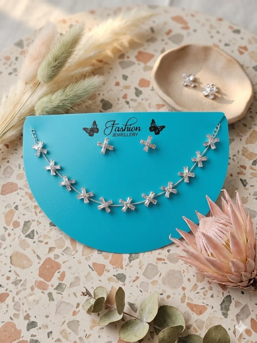 Trending Pair of Silver Plated American Diamond Star Design Necklace Set with Earrings for Women & Girls II Elite Fancy Women Necklaces ll Fashionable ll AD Necklace set ll Trending ll Womens & Girls ll