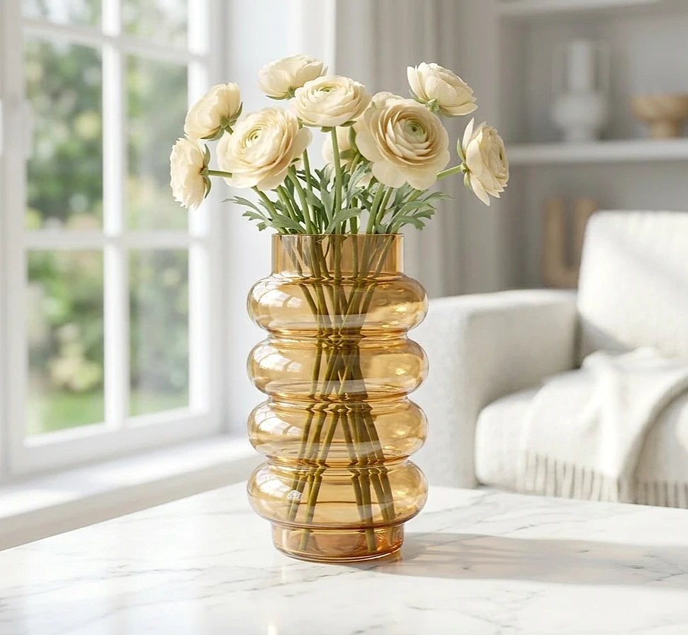 Modern Amber Bubble Glass Vase - 8" Tall Decorative Ribbed Flower Vase for Home Decor, Centerpiece for Living Room, Mantel, & Office