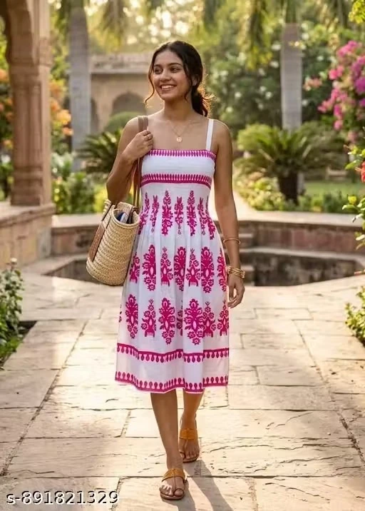 Women Cotton Fit and Flare Sleeve Less Fancy Middi Dress