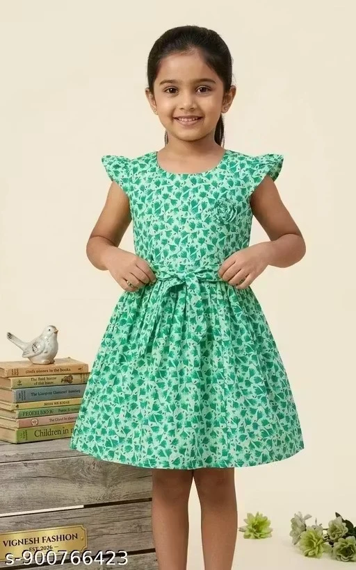Green Color Girls Cotton Dress