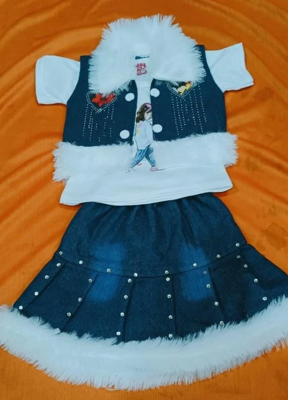 Girls Denim Skirt Top with Fur Jacket Set | Kids Winter Party Wear Dress | Stylish 3 Piece Outfit (Pack of 1 Blue)