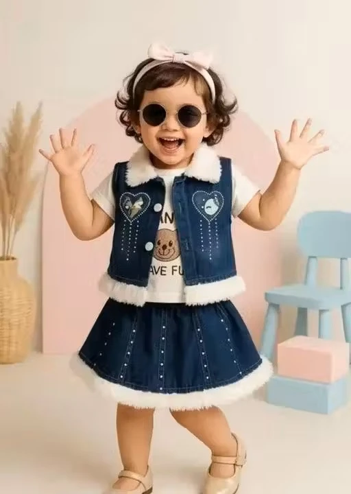 Baby Girls Stylish Denim Fur Trim Skirt & Vest Set | 3-Piece Kids Fashion Co-ord Set | Party Wear Dress for Girls | Soft Cotton T-Shirt & Embellished Denim Outfit