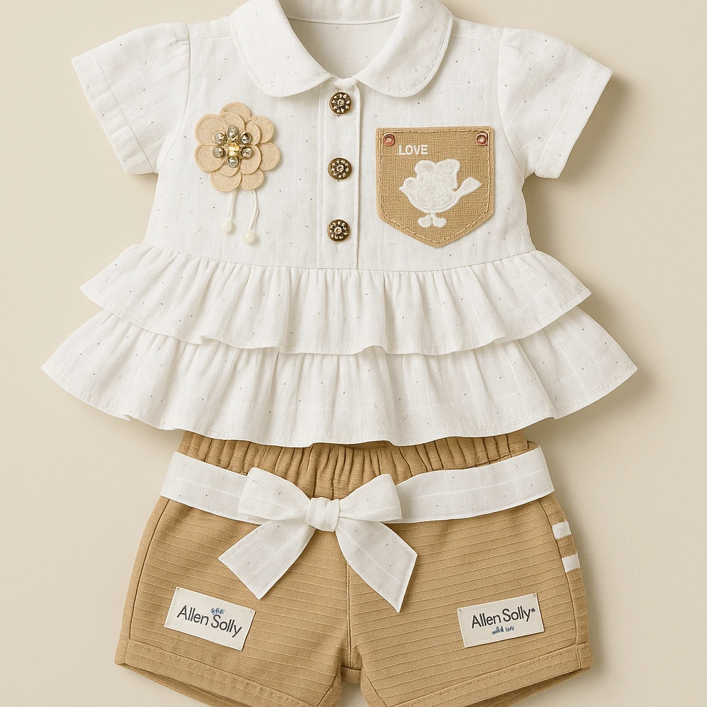 Baby Girl Fancy Co-Ord Set with Headband { Off White + Light Brown }