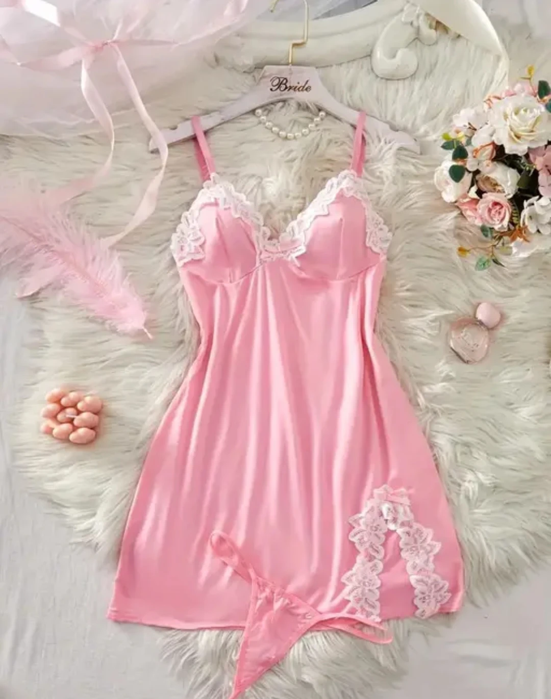 Title: Women’s Pink Satin Nighty Set with Lace Trim | Soft Bridal Nightwear Babydoll Dress