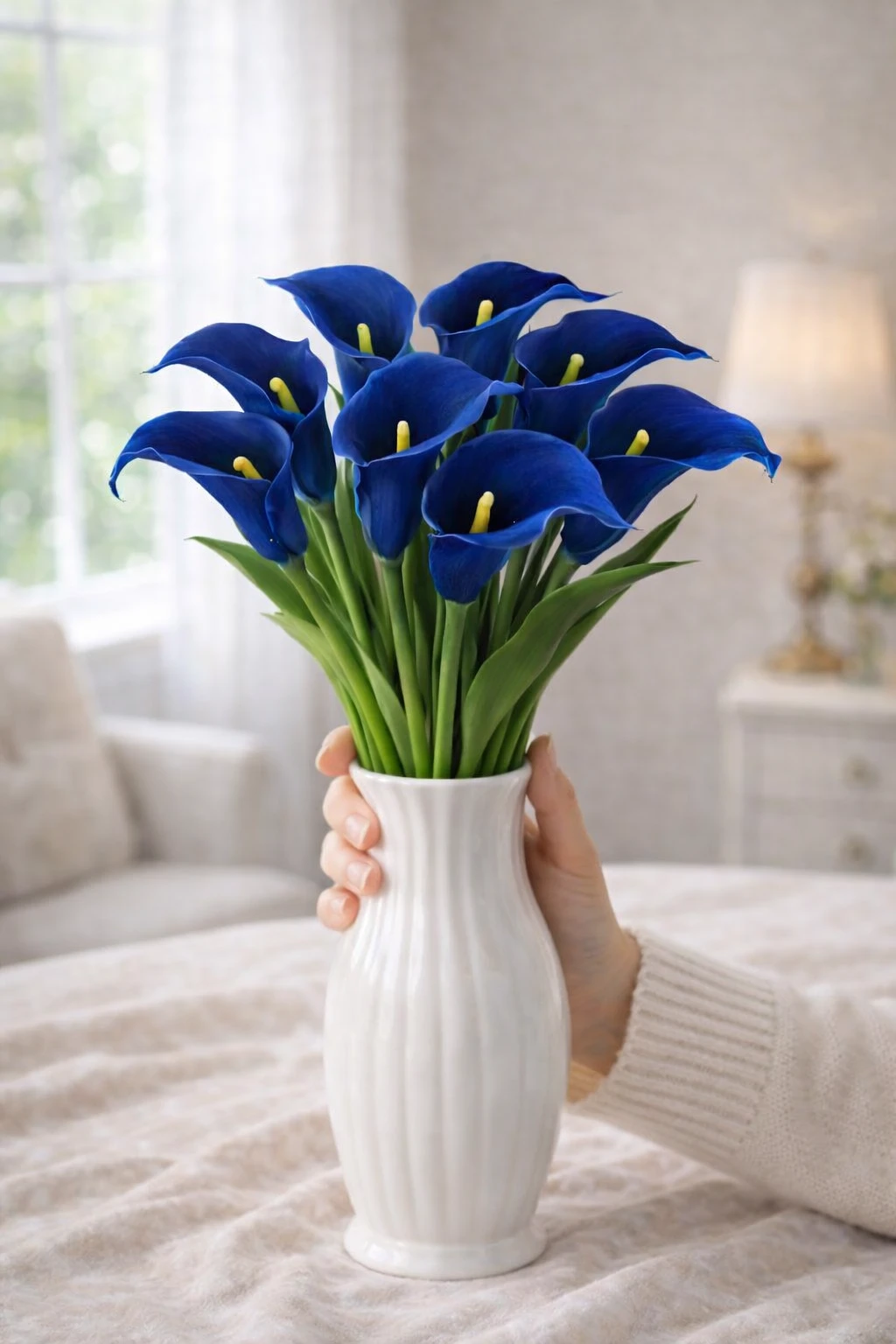 5 Pcs Artificial Dark Blue Mini Calla Lily Stems – Realistic Touch Decor (Flowers Only)